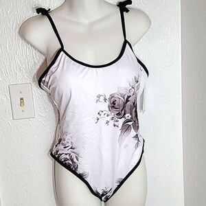 Beach Joy One-Piece Bikini, Black & White with Flowers, Size Medium, NWOT